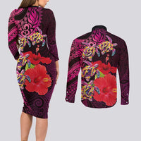 Pasifika Festival Couples Matching Long Sleeve Bodycon Dress and Long Sleeve Button Shirt Plumeria Turtles with Hibiscus - Polynesian Art Tattoo Pink Color LT03 - Polynesian Pride