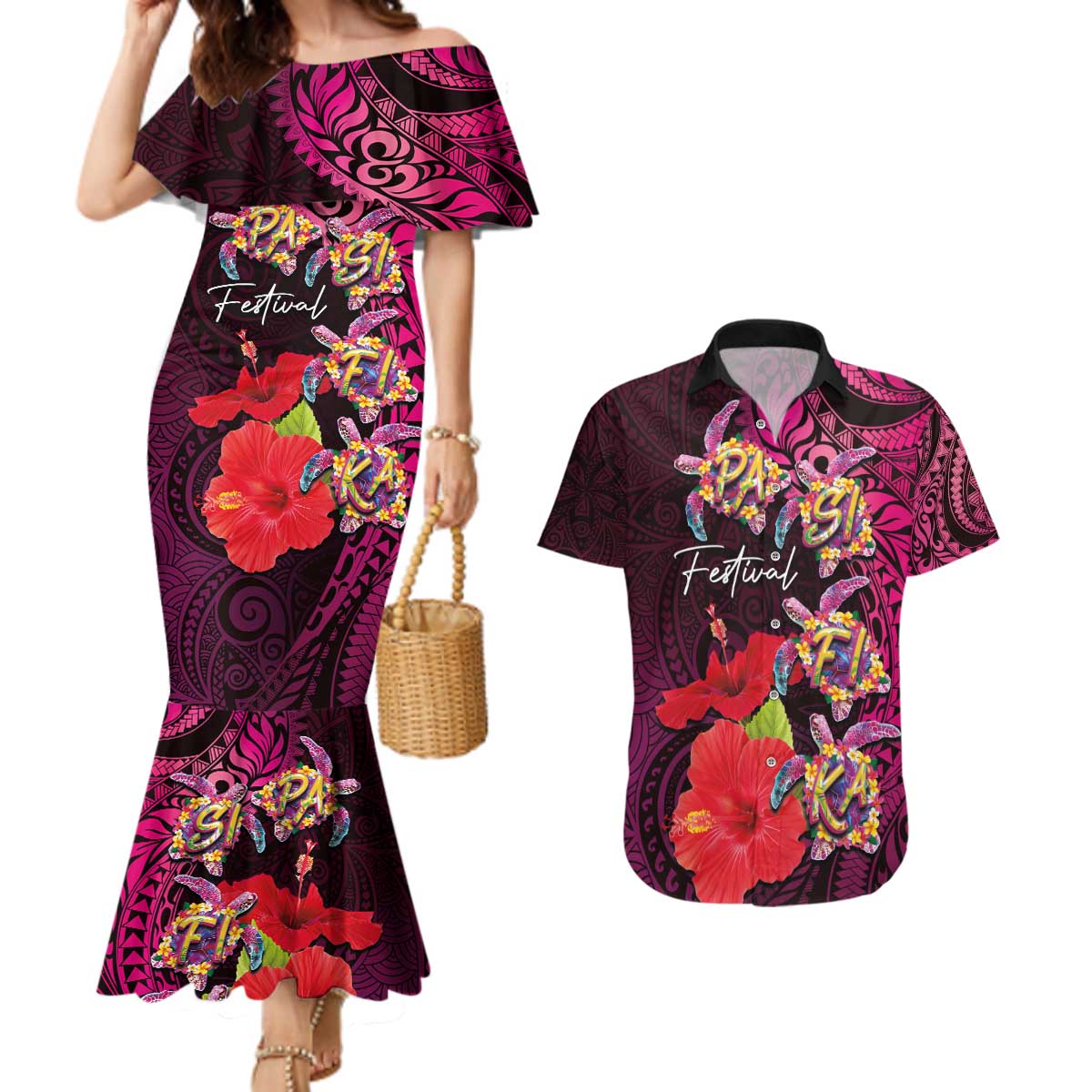 Pasifika Festival Couples Matching Mermaid Dress and Hawaiian Shirt Plumeria Turtles with Hibiscus - Polynesian Art Tattoo Pink Color LT03 Pink - Polynesian Pride