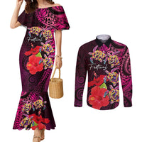 Pasifika Festival Couples Matching Mermaid Dress and Long Sleeve Button Shirt Plumeria Turtles with Hibiscus - Polynesian Art Tattoo Pink Color LT03 Pink - Polynesian Pride