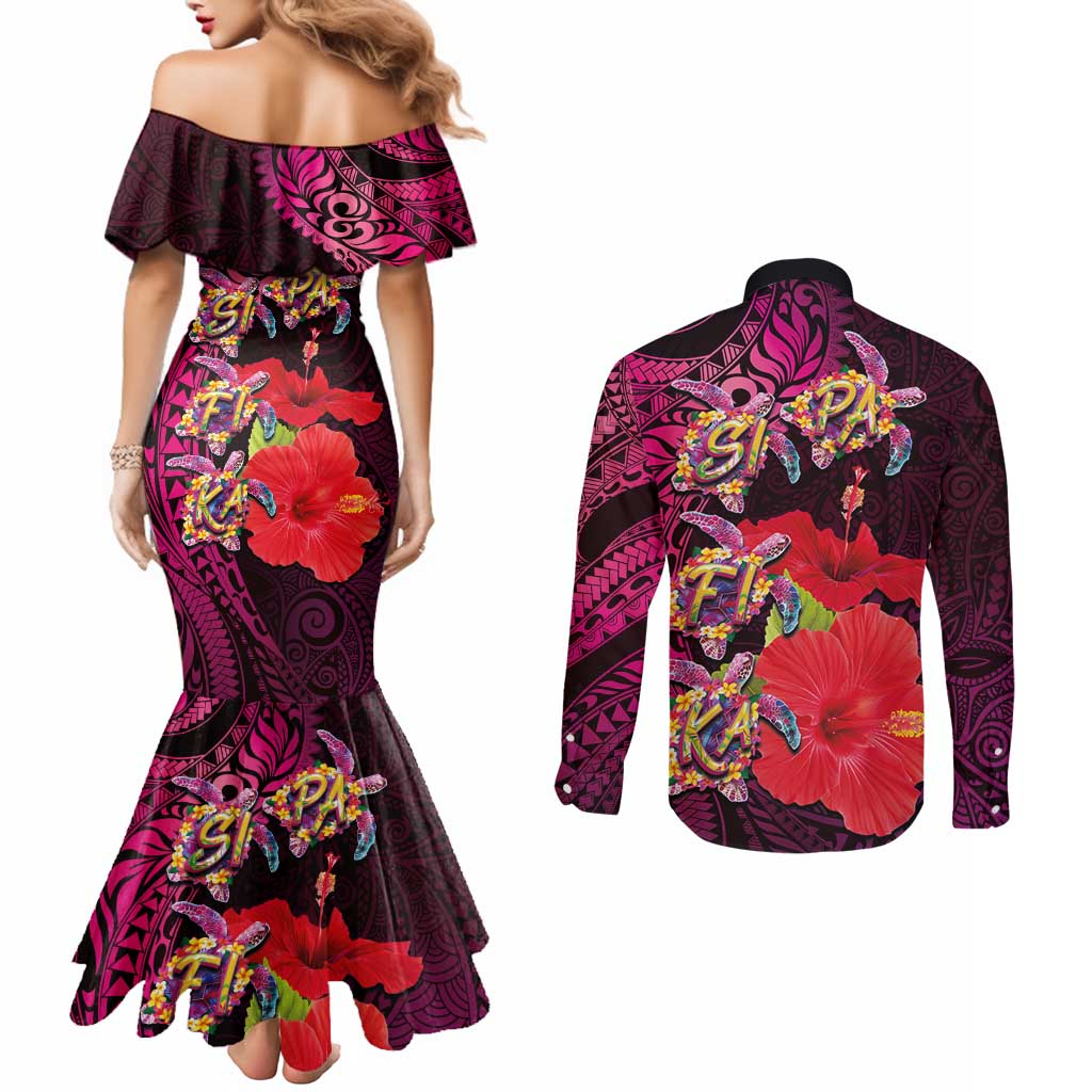 Pasifika Festival Couples Matching Mermaid Dress and Long Sleeve Button Shirt Plumeria Turtles with Hibiscus - Polynesian Art Tattoo Pink Color LT03 - Polynesian Pride
