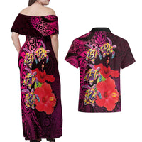 Pasifika Festival Couples Matching Off Shoulder Maxi Dress and Hawaiian Shirt Plumeria Turtles with Hibiscus - Polynesian Art Tattoo Pink Color LT03 - Polynesian Pride