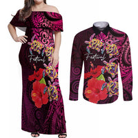 Pasifika Festival Couples Matching Off Shoulder Maxi Dress and Long Sleeve Button Shirt Plumeria Turtles with Hibiscus - Polynesian Art Tattoo Pink Color LT03 Pink - Polynesian Pride