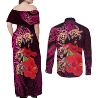 Pasifika Festival Couples Matching Off Shoulder Maxi Dress and Long Sleeve Button Shirt Plumeria Turtles with Hibiscus - Polynesian Art Tattoo Pink Color LT03 - Polynesian Pride