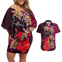 Pasifika Festival Couples Matching Off Shoulder Short Dress and Hawaiian Shirt Plumeria Turtles with Hibiscus - Polynesian Art Tattoo Pink Color LT03 Pink - Polynesian Pride