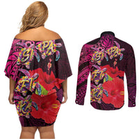 Pasifika Festival Couples Matching Off Shoulder Short Dress and Long Sleeve Button Shirt Plumeria Turtles with Hibiscus - Polynesian Art Tattoo Pink Color LT03 - Polynesian Pride