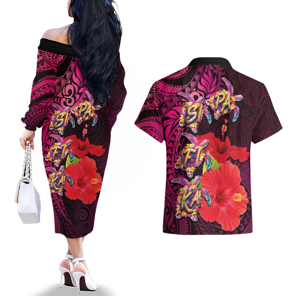 Pasifika Festival Couples Matching Off The Shoulder Long Sleeve Dress and Hawaiian Shirt Plumeria Turtles with Hibiscus - Polynesian Art Tattoo Pink Color LT03 - Polynesian Pride