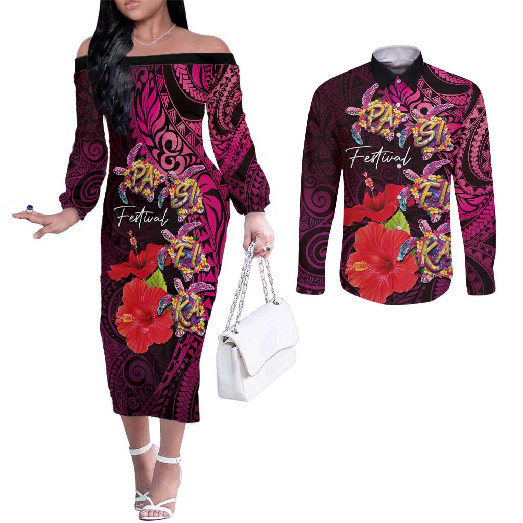 Pasifika Festival Couples Matching Off The Shoulder Long Sleeve Dress and Long Sleeve Button Shirt Plumeria Turtles with Hibiscus - Polynesian Art Tattoo Pink Color LT03 Pink - Polynesian Pride