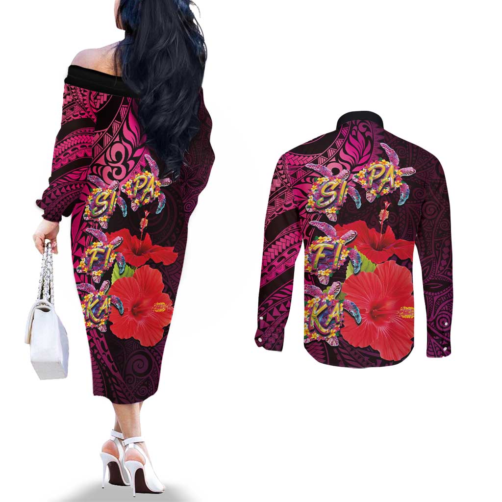 Pasifika Festival Couples Matching Off The Shoulder Long Sleeve Dress and Long Sleeve Button Shirt Plumeria Turtles with Hibiscus - Polynesian Art Tattoo Pink Color LT03 - Polynesian Pride