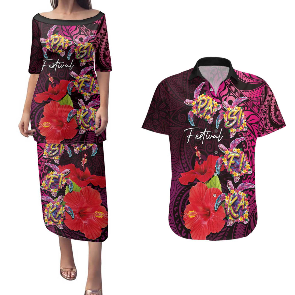 Pasifika Festival Couples Matching Puletasi and Hawaiian Shirt Plumeria Turtles with Hibiscus - Polynesian Art Tattoo Pink Color LT03 Pink - Polynesian Pride