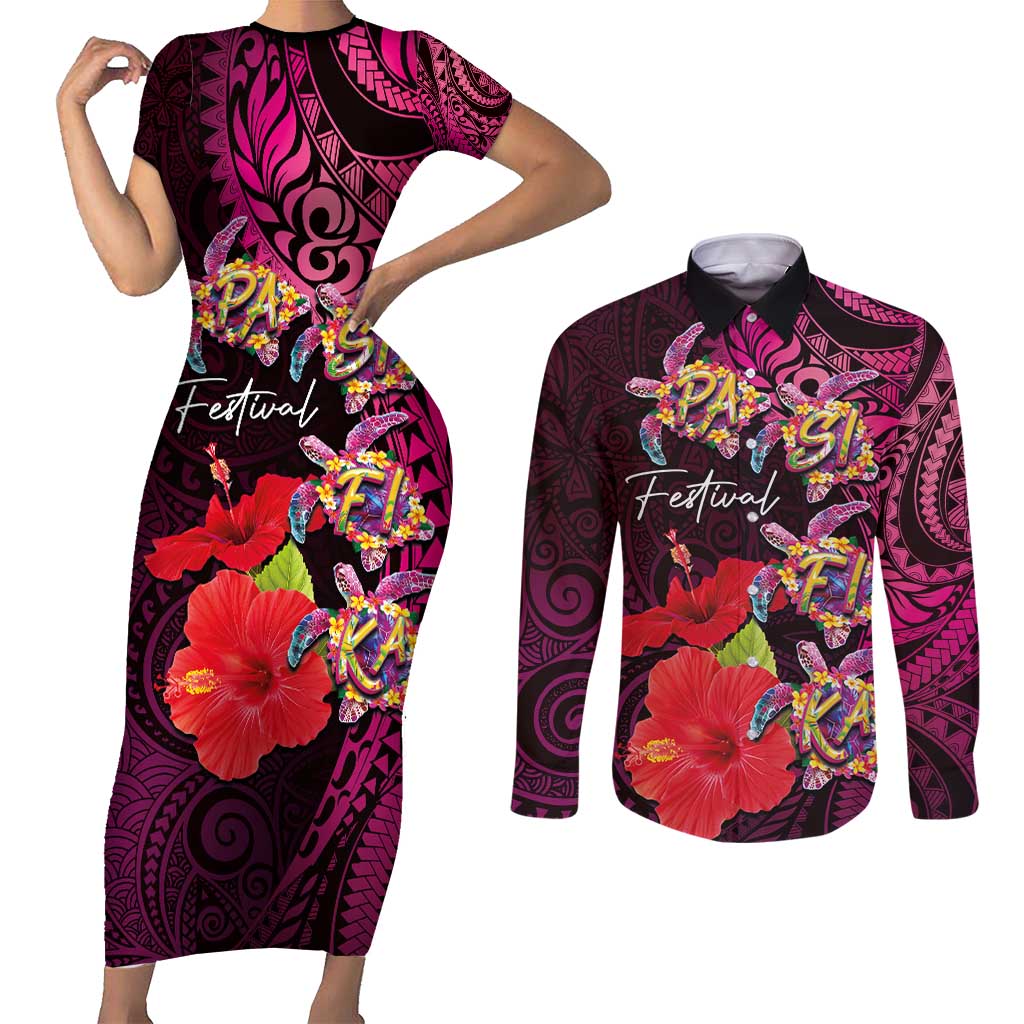 Pasifika Festival Couples Matching Short Sleeve Bodycon Dress and Long Sleeve Button Shirt Plumeria Turtles with Hibiscus - Polynesian Art Tattoo Pink Color LT03 Pink - Polynesian Pride