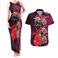 Pasifika Festival Couples Matching Tank Maxi Dress and Hawaiian Shirt Plumeria Turtles with Hibiscus - Polynesian Art Tattoo Pink Color LT03 Pink - Polynesian Pride
