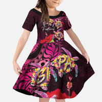 Pasifika Festival Family Matching Long Sleeve Bodycon Dress and Hawaiian Shirt Plumeria Turtles with Hibiscus - Polynesian Art Tattoo Pink Color LT03 Daughter's Dress Pink - Polynesian Pride