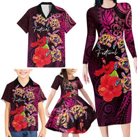 Pasifika Festival Family Matching Long Sleeve Bodycon Dress and Hawaiian Shirt Plumeria Turtles with Hibiscus - Polynesian Art Tattoo Pink Color LT03 - Polynesian Pride