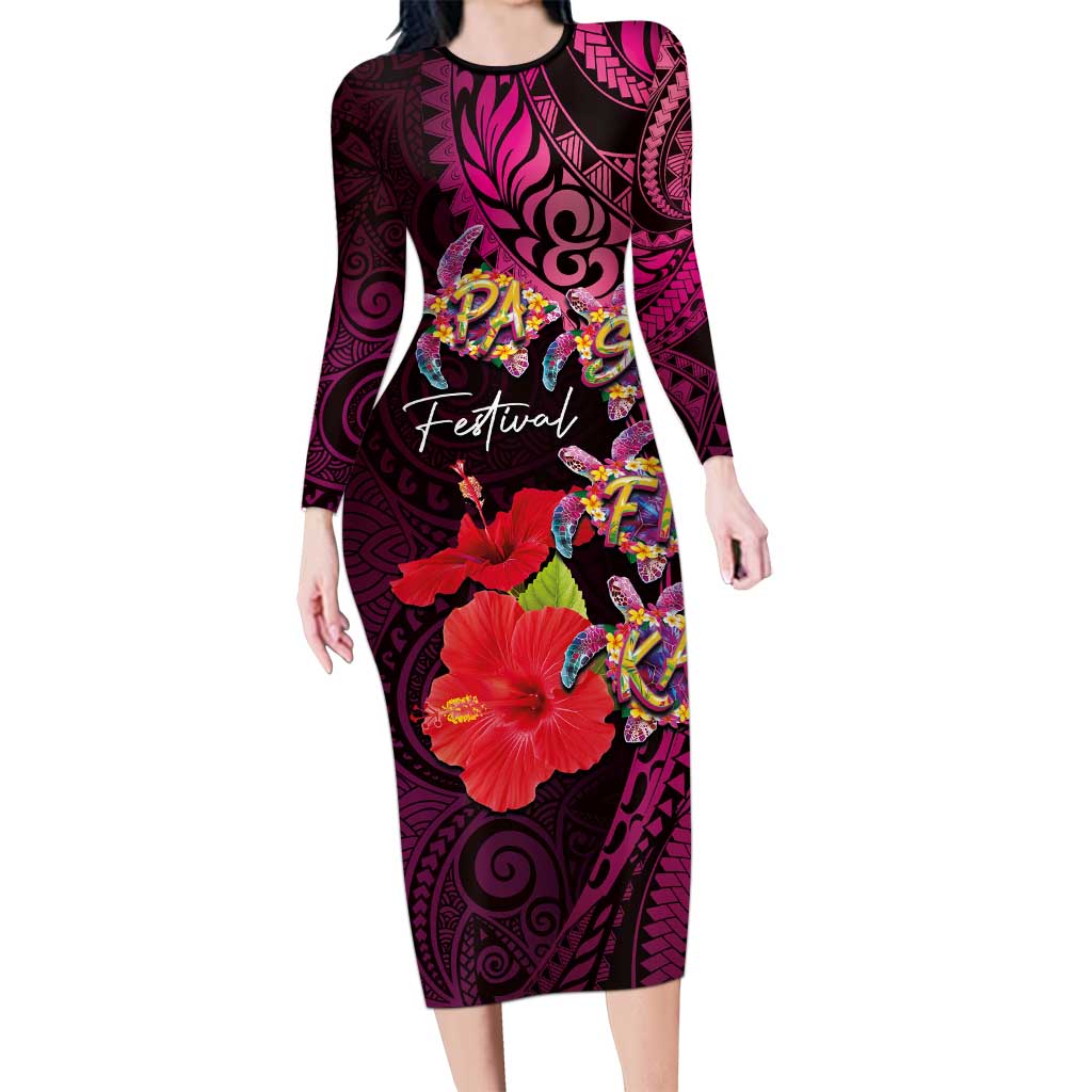 Pasifika Festival Family Matching Long Sleeve Bodycon Dress and Hawaiian Shirt Plumeria Turtles with Hibiscus - Polynesian Art Tattoo Pink Color LT03 Mom's Dress Pink - Polynesian Pride