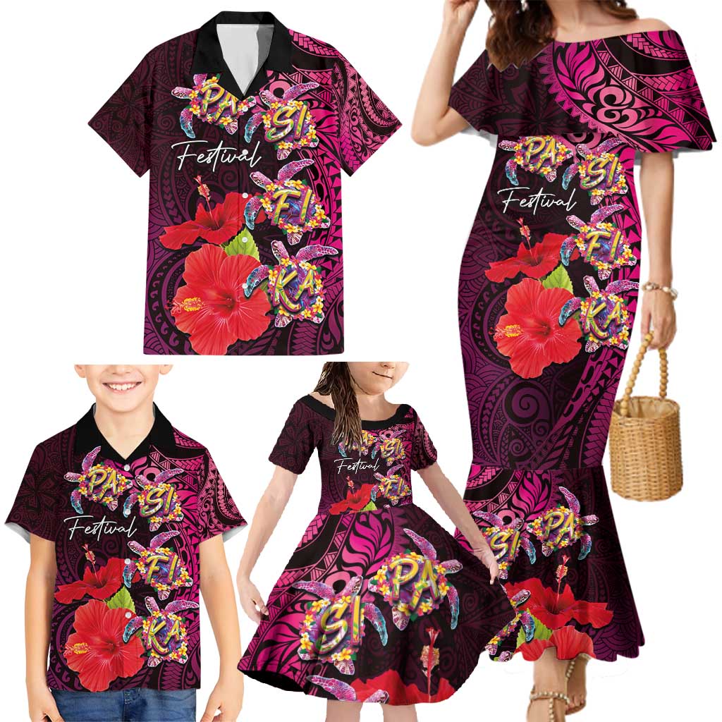Pasifika Festival Family Matching Mermaid Dress and Hawaiian Shirt Plumeria Turtles with Hibiscus - Polynesian Art Tattoo Pink Color LT03 - Polynesian Pride