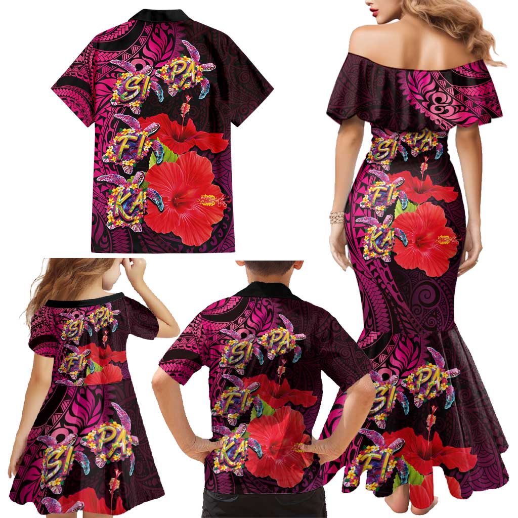 Pasifika Festival Family Matching Mermaid Dress and Hawaiian Shirt Plumeria Turtles with Hibiscus - Polynesian Art Tattoo Pink Color LT03 - Polynesian Pride