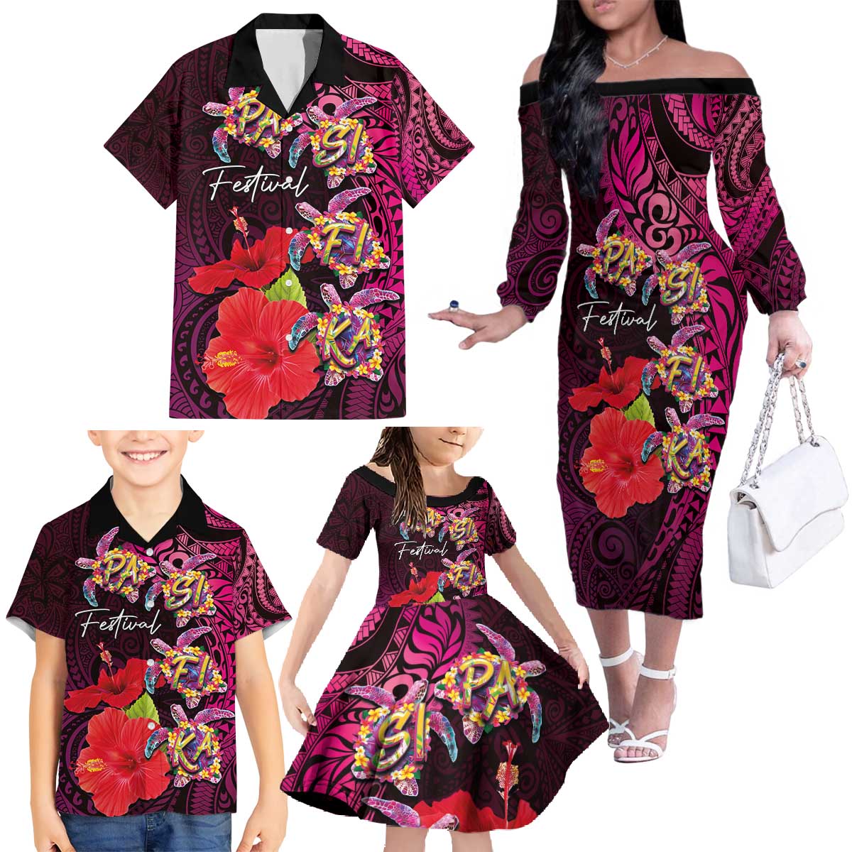 Pasifika Festival Family Matching Off The Shoulder Long Sleeve Dress and Hawaiian Shirt Plumeria Turtles with Hibiscus - Polynesian Art Tattoo Pink Color LT03 - Polynesian Pride