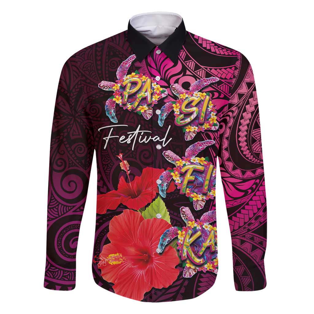 Pasifika Festival Family Matching Off Shoulder Maxi Dress and Hawaiian Shirt Plumeria Turtles with Hibiscus - Polynesian Art Tattoo Pink Color LT03 Dad's Shirt - Long Sleeve Pink - Polynesian Pride