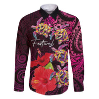 Pasifika Festival Family Matching Off Shoulder Maxi Dress and Hawaiian Shirt Plumeria Turtles with Hibiscus - Polynesian Art Tattoo Pink Color LT03 Dad's Shirt - Long Sleeve Pink - Polynesian Pride