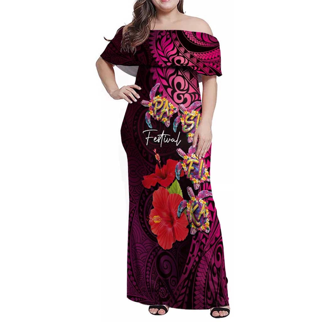 Pasifika Festival Family Matching Off Shoulder Maxi Dress and Hawaiian Shirt Plumeria Turtles with Hibiscus - Polynesian Art Tattoo Pink Color LT03 Mom's Dress Pink - Polynesian Pride