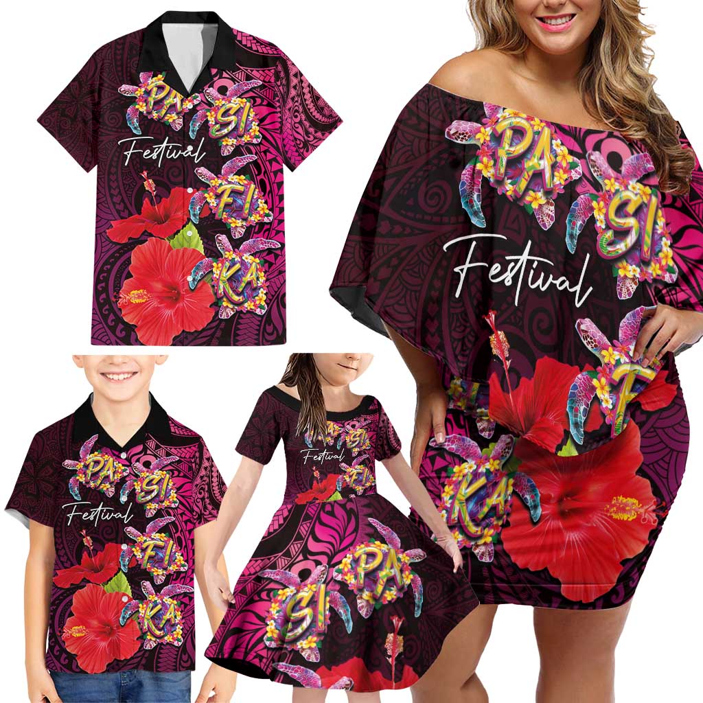 Pasifika Festival Family Matching Off Shoulder Short Dress and Hawaiian Shirt Plumeria Turtles with Hibiscus - Polynesian Art Tattoo Pink Color LT03 - Polynesian Pride