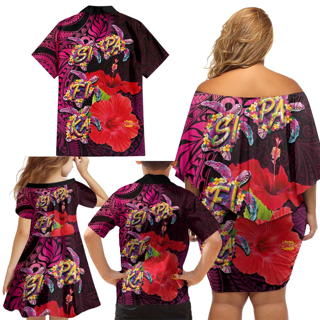 Pasifika Festival Family Matching Off Shoulder Short Dress and Hawaiian Shirt Plumeria Turtles with Hibiscus - Polynesian Art Tattoo Pink Color LT03 - Polynesian Pride