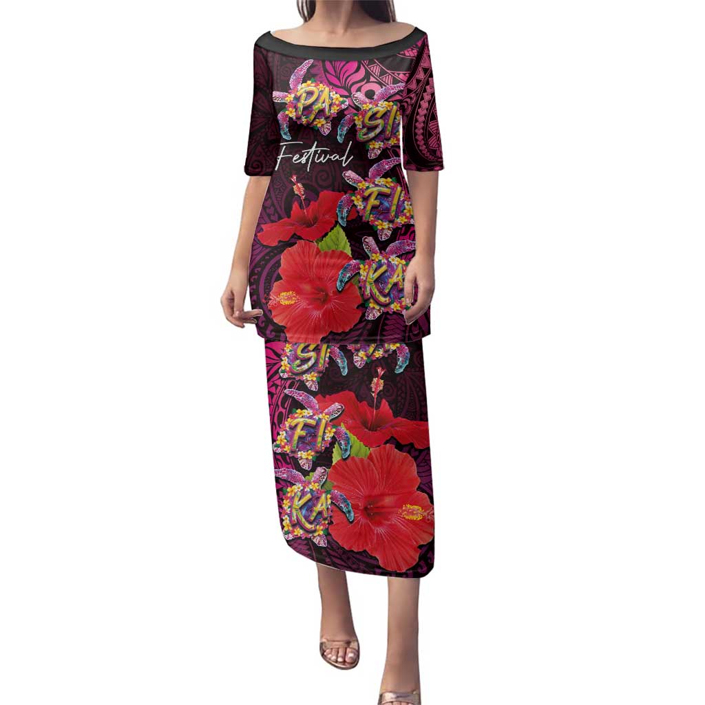 Pasifika Festival Family Matching Puletasi and Hawaiian Shirt Plumeria Turtles with Hibiscus - Polynesian Art Tattoo Pink Color LT03 Mom's Dress Pink - Polynesian Pride