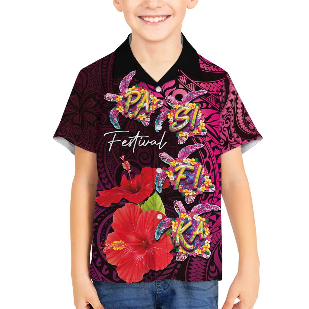 Pasifika Festival Family Matching Puletasi and Hawaiian Shirt Plumeria Turtles with Hibiscus - Polynesian Art Tattoo Pink Color LT03 Son's Shirt Pink - Polynesian Pride