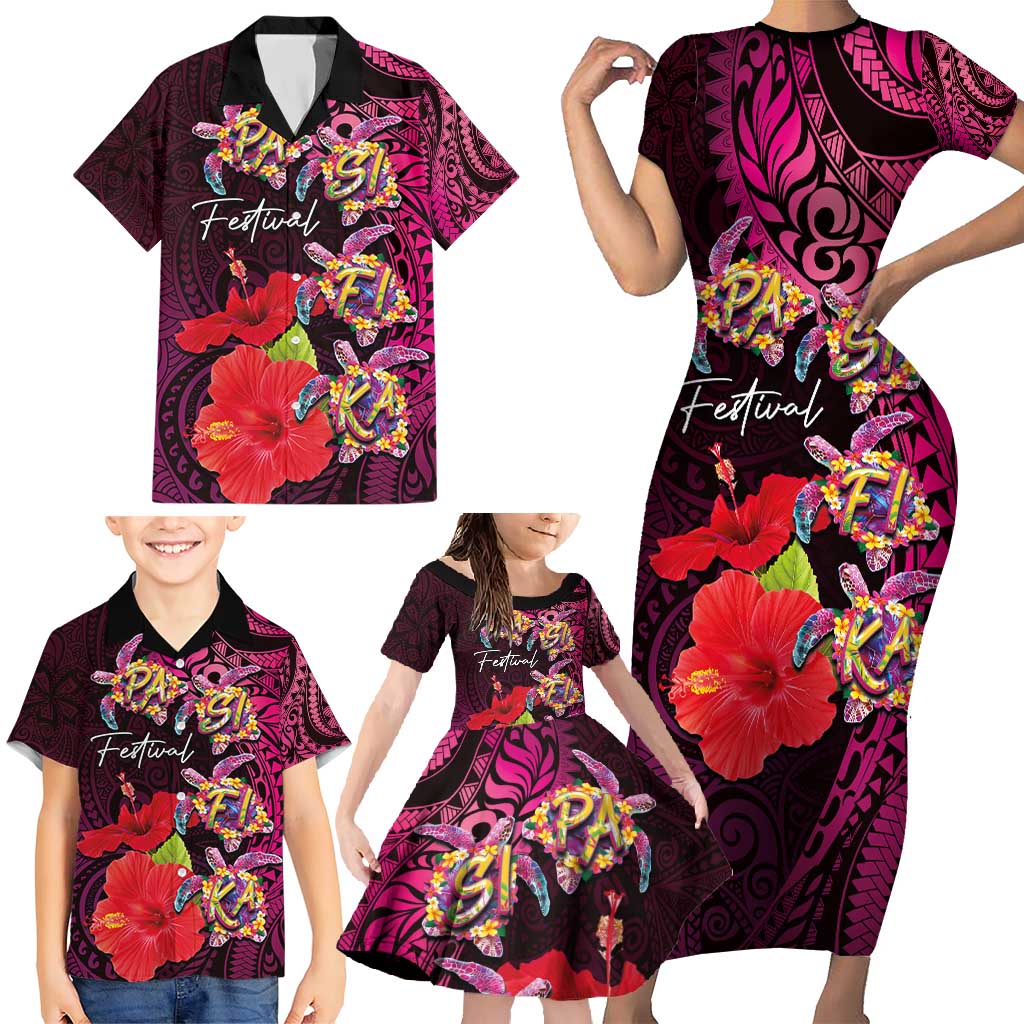 Pasifika Festival Family Matching Short Sleeve Bodycon Dress and Hawaiian Shirt Plumeria Turtles with Hibiscus - Polynesian Art Tattoo Pink Color LT03 - Polynesian Pride