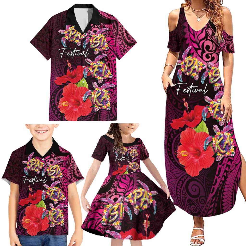 Pasifika Festival Family Matching Summer Maxi Dress and Hawaiian Shirt Plumeria Turtles with Hibiscus - Polynesian Art Tattoo Pink Color LT03 - Polynesian Pride