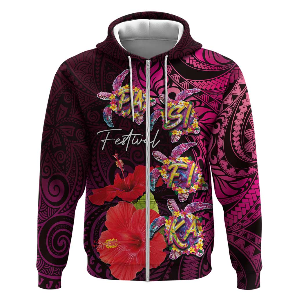 Pasifika Festival Hoodie Plumeria Turtles with Hibiscus - Polynesian Art Tattoo Pink Color LT03 Zip Hoodie Pink - Polynesian Pride