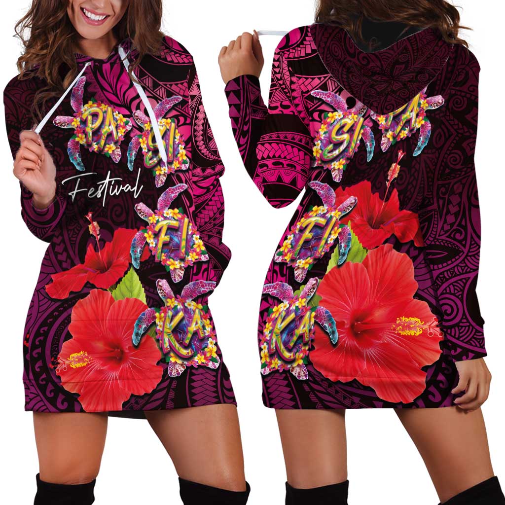 Pasifika Festival Hoodie Dress Plumeria Turtles with Hibiscus - Polynesian Art Tattoo Pink Color LT03 - Polynesian Pride