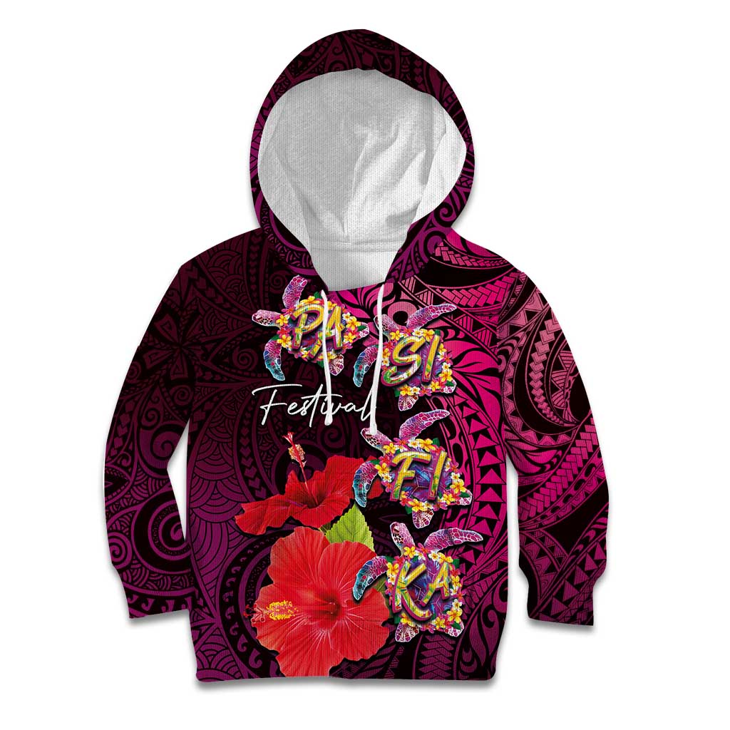 Pasifika Festival Kid Hoodie Plumeria Turtles with Hibiscus - Polynesian Art Tattoo Pink Color LT03 Hoodie Pink - Polynesian Pride