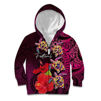 Pasifika Festival Kid Hoodie Plumeria Turtles with Hibiscus - Polynesian Art Tattoo Pink Color LT03 Zip Hoodie Pink - Polynesian Pride