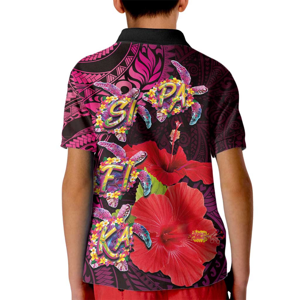 Pasifika Festival Kid Polo Shirt Plumeria Turtles with Hibiscus - Polynesian Art Tattoo Pink Color LT03 - Polynesian Pride