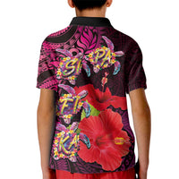 Pasifika Festival Kid Polo Shirt Plumeria Turtles with Hibiscus - Polynesian Art Tattoo Pink Color LT03 - Polynesian Pride
