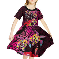 Pasifika Festival Kid Short Sleeve Dress Plumeria Turtles with Hibiscus - Polynesian Art Tattoo Pink Color LT03 - Polynesian Pride