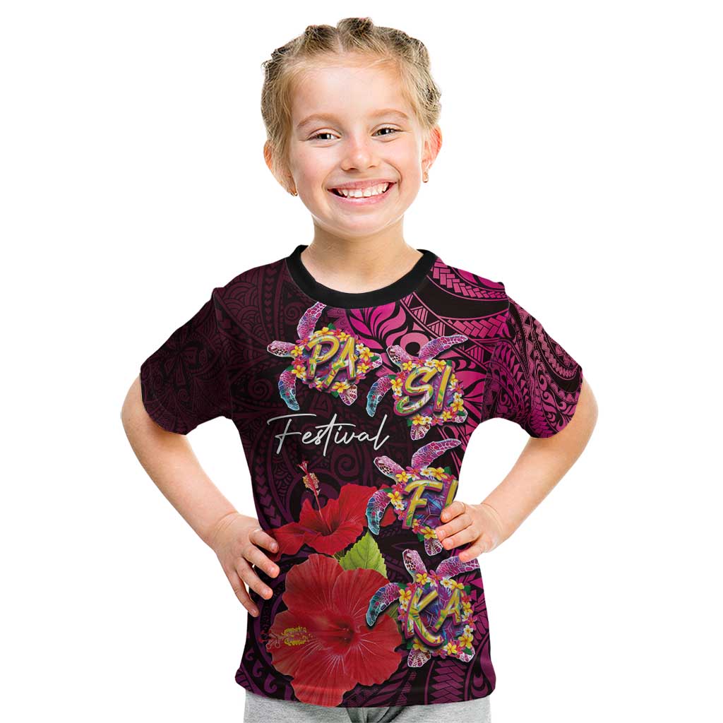 Pasifika Festival Kid T Shirt Plumeria Turtles with Hibiscus - Polynesian Art Tattoo Pink Color LT03 Pink - Polynesian Pride