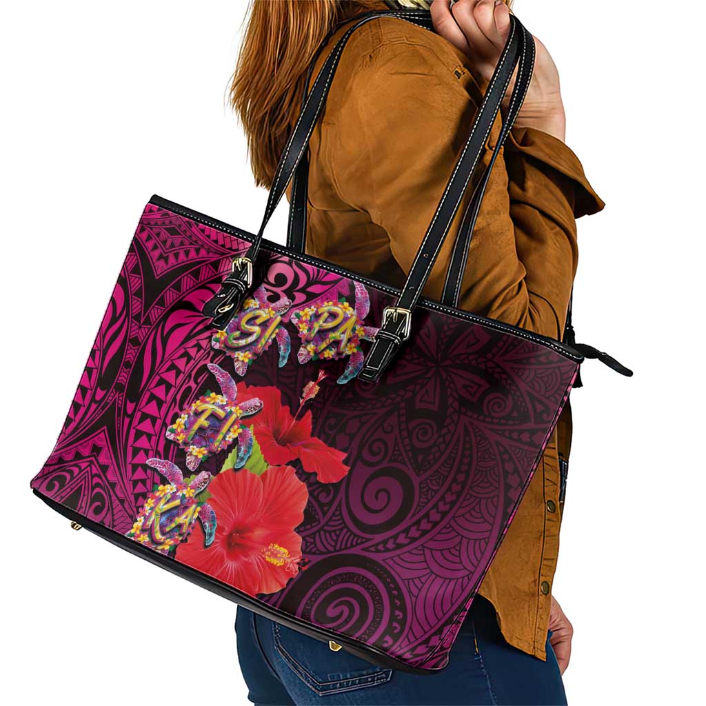 Pasifika Festival Leather Tote Bag Plumeria Turtles with Hibiscus - Polynesian Art Tattoo Pink Color LT03 - Polynesian Pride