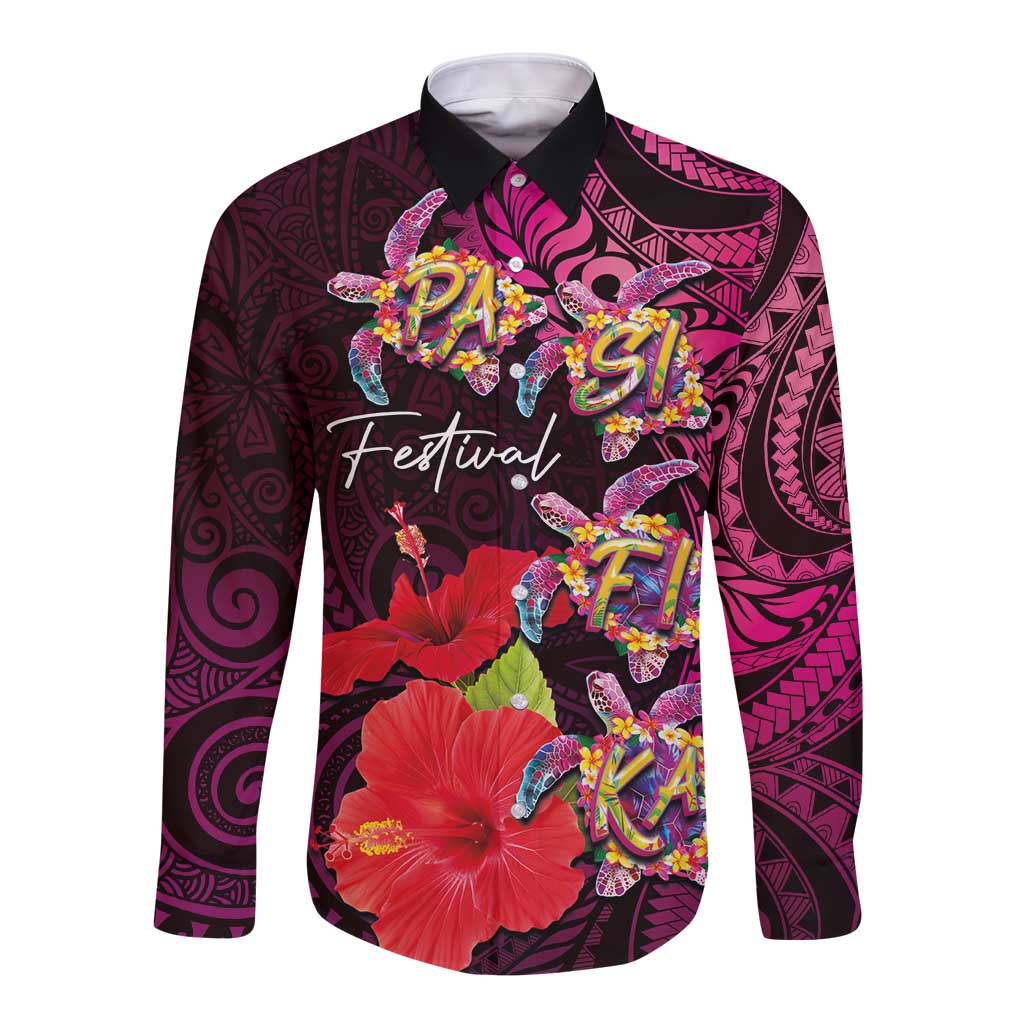 Pasifika Festival Long Sleeve Button Shirt Plumeria Turtles with Hibiscus - Polynesian Art Tattoo Pink Color LT03 Unisex Pink - Polynesian Pride
