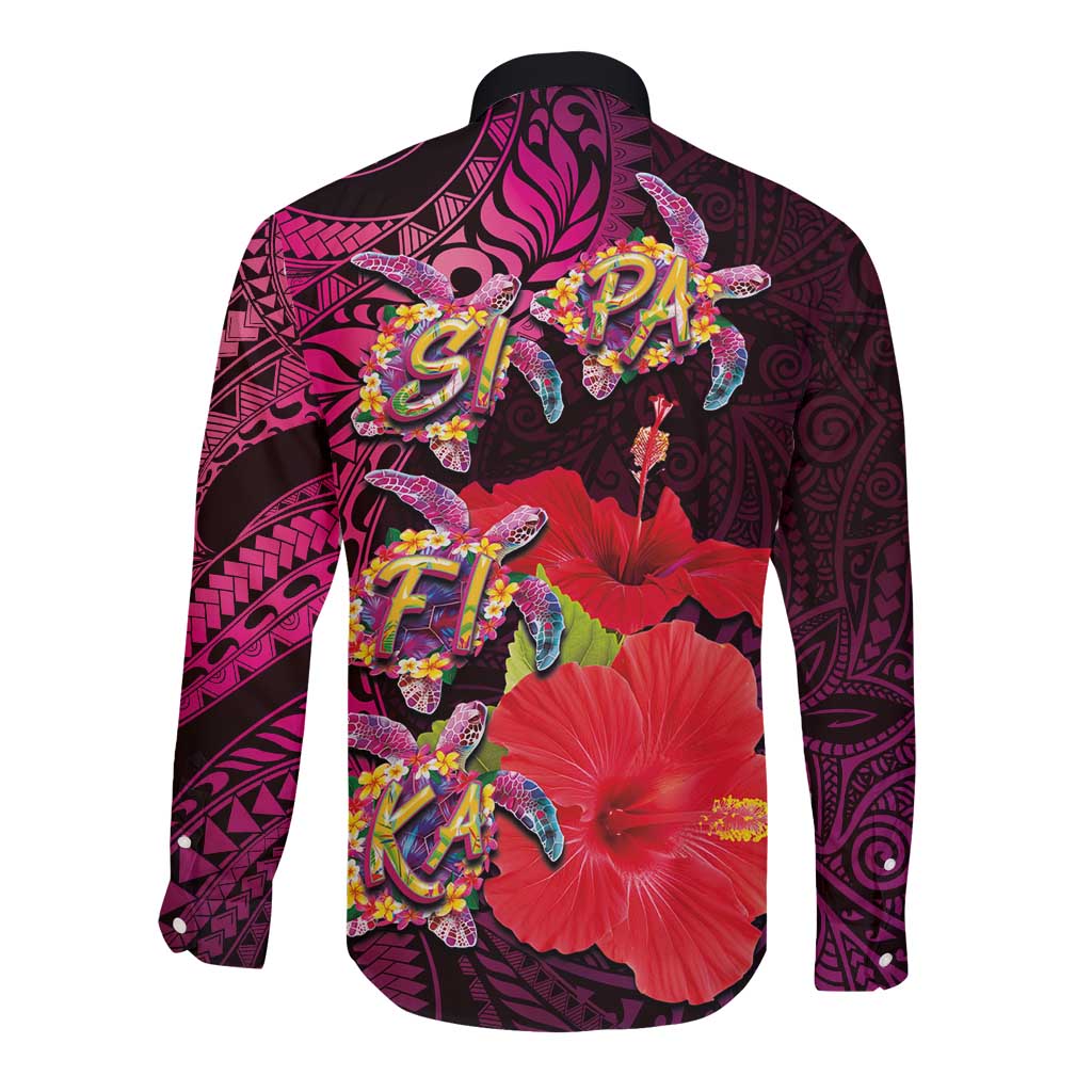 Pasifika Festival Long Sleeve Button Shirt Plumeria Turtles with Hibiscus - Polynesian Art Tattoo Pink Color LT03 - Polynesian Pride
