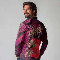 Pasifika Festival Long Sleeve Polo Shirt Plumeria Turtles with Hibiscus - Polynesian Art Tattoo Pink Color LT03 - Polynesian Pride
