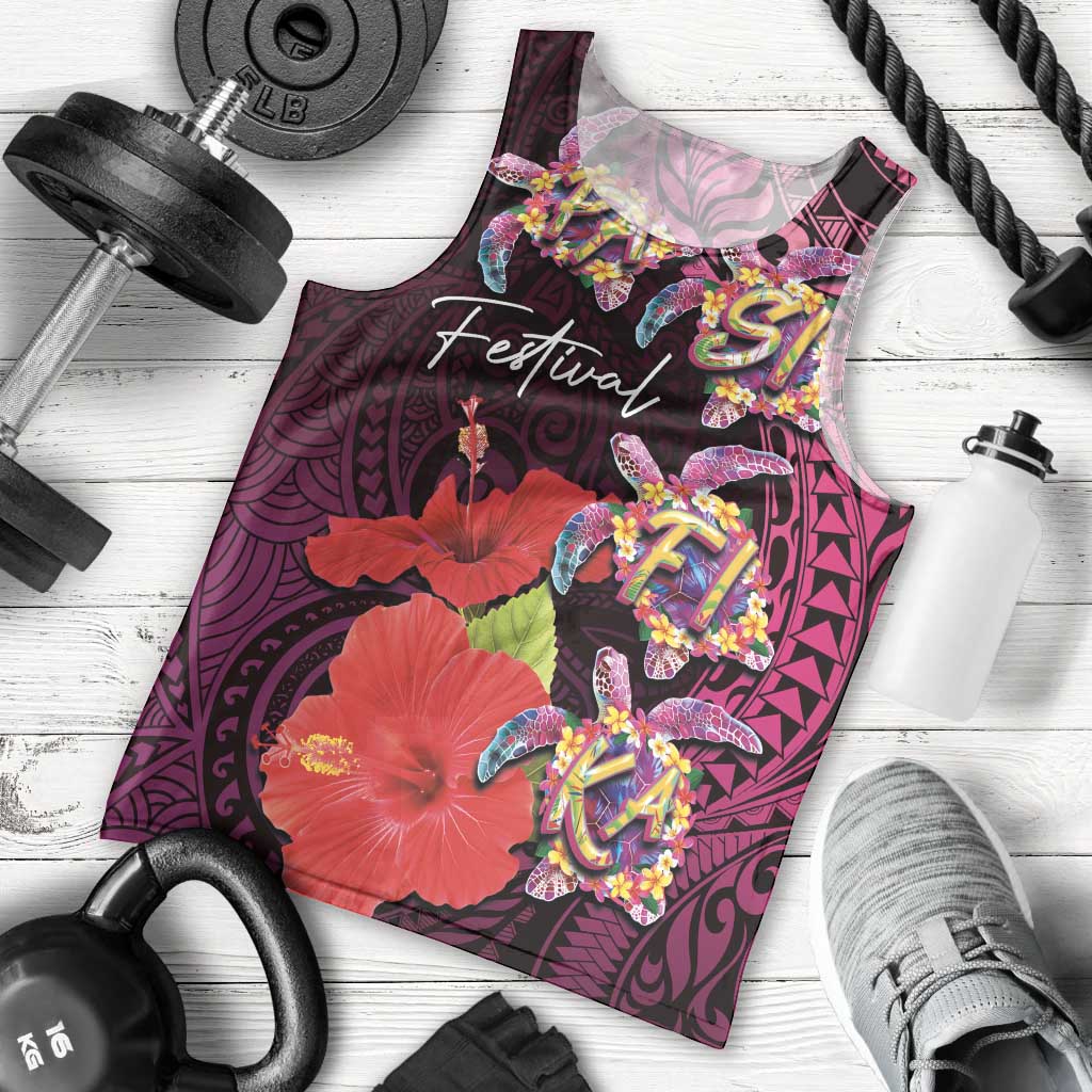 Pasifika Festival Men Tank Top Plumeria Turtles with Hibiscus - Polynesian Art Tattoo Pink Color LT03 - Polynesian Pride