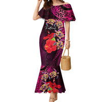 Pasifika Festival Mermaid Dress Plumeria Turtles with Hibiscus - Polynesian Art Tattoo Pink Color LT03 Women Pink - Polynesian Pride