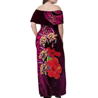 Pasifika Festival Off Shoulder Maxi Dress Plumeria Turtles with Hibiscus - Polynesian Art Tattoo Pink Color LT03 - Polynesian Pride