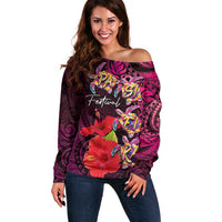 Pasifika Festival Off Shoulder Sweater Plumeria Turtles with Hibiscus - Polynesian Art Tattoo Pink Color LT03 Women Pink - Polynesian Pride