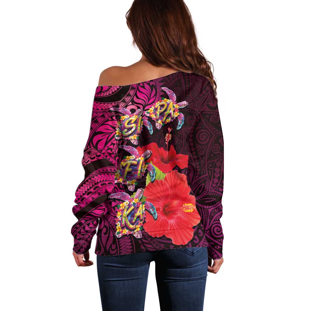 Pasifika Festival Off Shoulder Sweater Plumeria Turtles with Hibiscus - Polynesian Art Tattoo Pink Color LT03 - Polynesian Pride