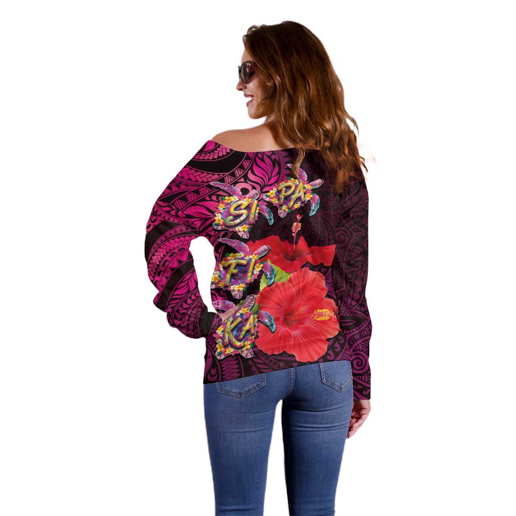 Pasifika Festival Off Shoulder Sweater Plumeria Turtles with Hibiscus - Polynesian Art Tattoo Pink Color LT03 - Polynesian Pride