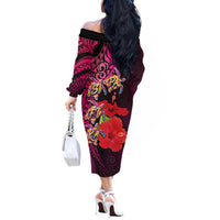 Pasifika Festival Off The Shoulder Long Sleeve Dress Plumeria Turtles with Hibiscus - Polynesian Art Tattoo Pink Color LT03 - Polynesian Pride