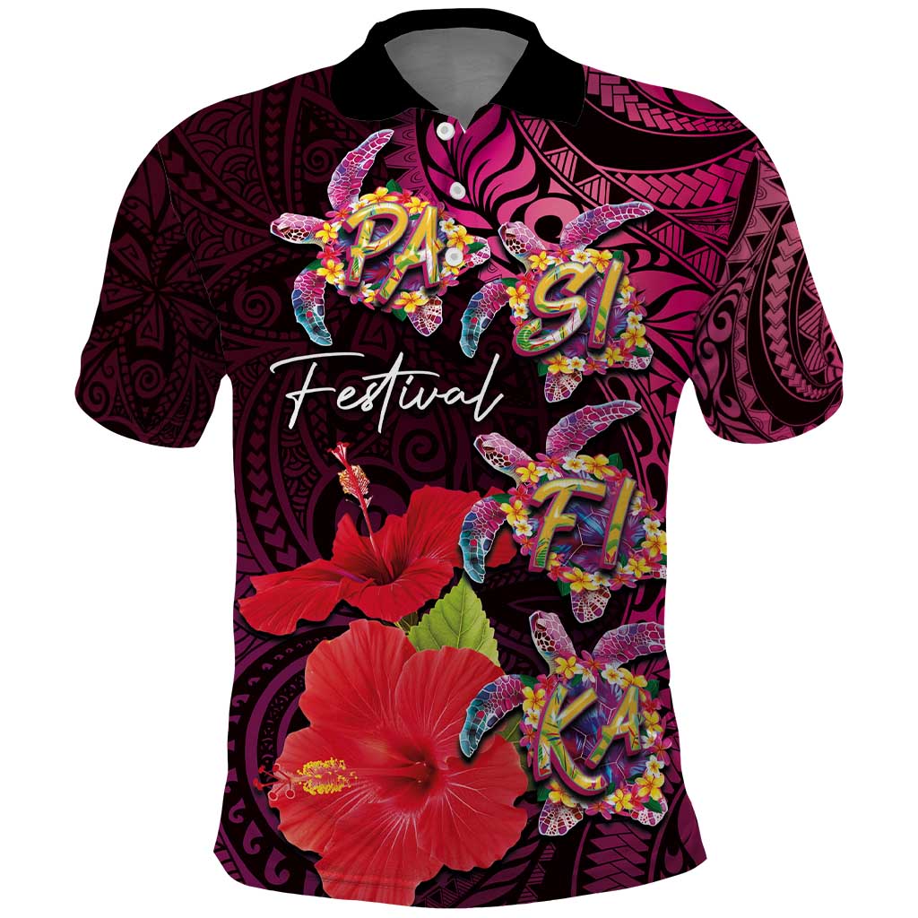 Pasifika Festival Polo Shirt Plumeria Turtles with Hibiscus - Polynesian Art Tattoo Pink Color LT03 Pink - Polynesian Pride